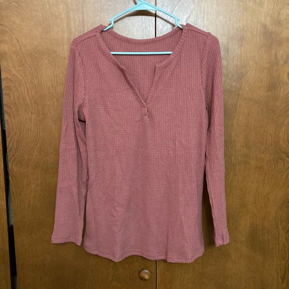 WOMEN'S V Neck Waffle Knit Henley Tops Brick Red - Picture 1 of 16